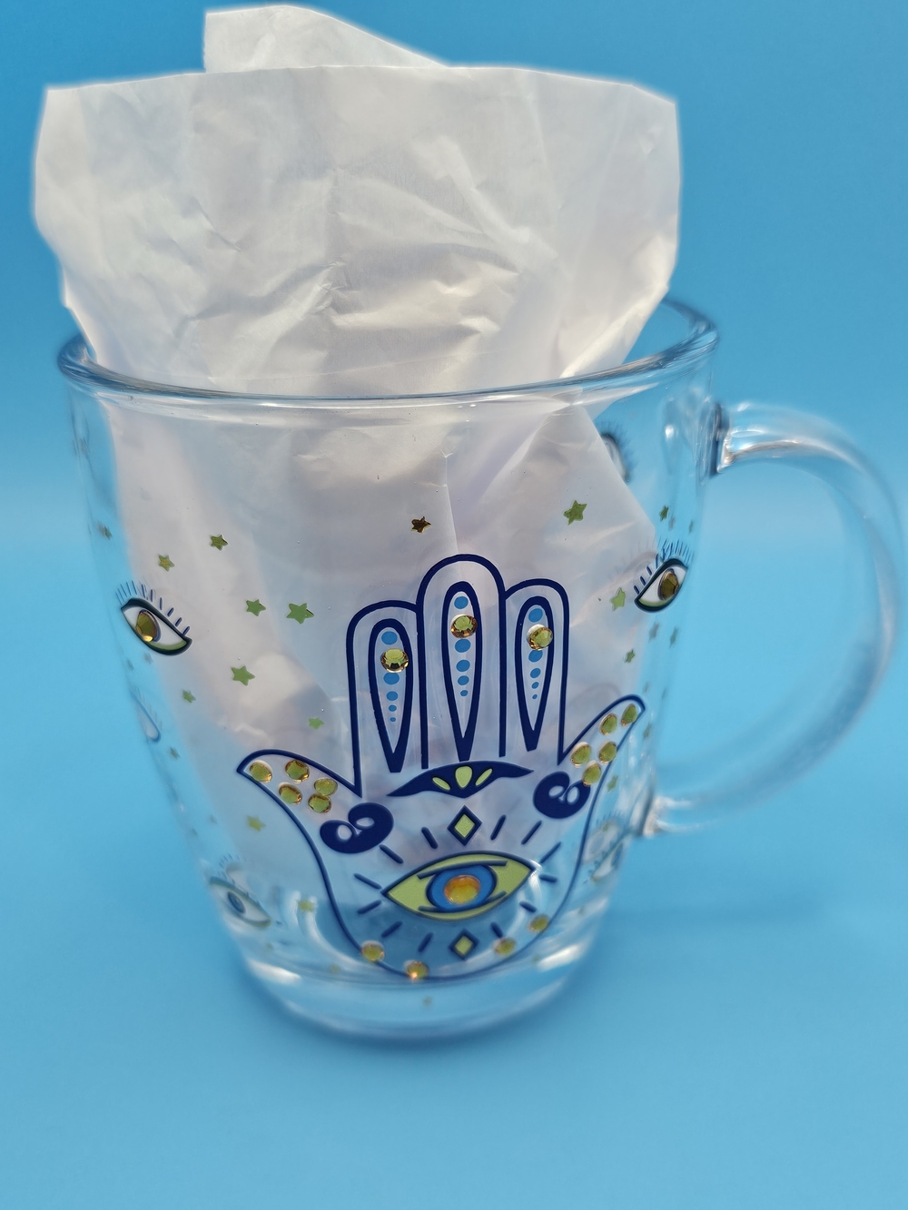 Hamsa Glass Mug with Eye Motif - Blue & Gold Accent